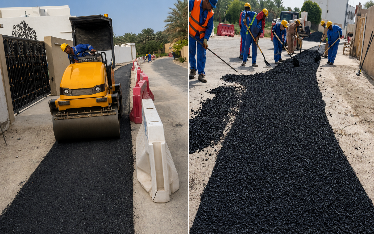 Road roller and crew completing road retarring works